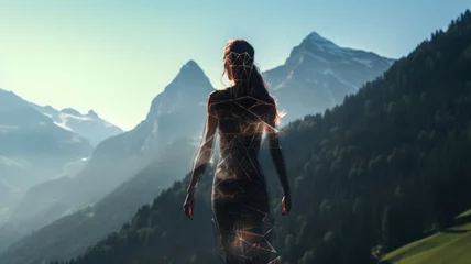 Foto op Plexiglas Woman in Yoga Full Body Backlit Pose in the breath taking Alpine. Generative AI image weber. © Summit Art Creations