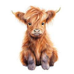 Baby highland cow watercolor clipart on transparent background. Generative AI illustration - obrazy, fototapety, plakaty