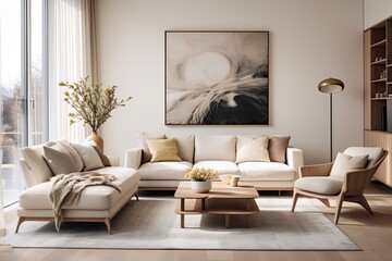 Interior design of living room at nice scandinavian apartment
