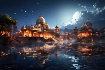 Model of Ayodhya shri Ram mandir Ram temple night scene - obrazy, fototapety, plakaty