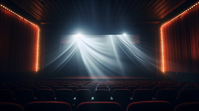 Empty futuristic cinema with curtains and a white empty cinema