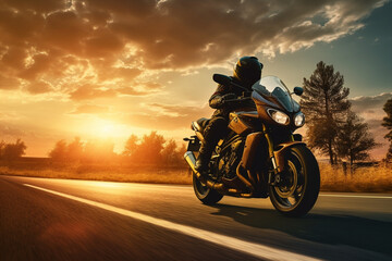 Obraz na płótnie Canvas motorbike running on asphalt road in countryside at sunset