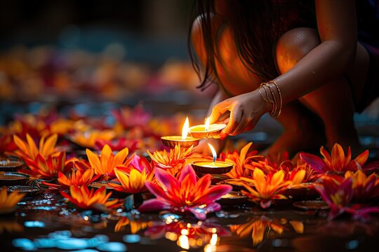 Indian woman kneeling by candles celebrating Diwali