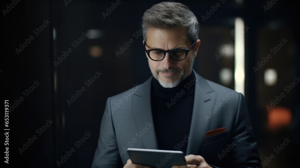 Poster Portrait of mature businessman using tablet computer on dark background.
