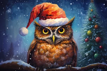 Abwaschbare Fototapete Eulen-Cartoons funny cute owl with santa hat in winter with snowflakes and a christmas tree, beautiful art