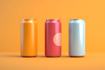 Aluminum cans mockup on orange background. 3d render illustration