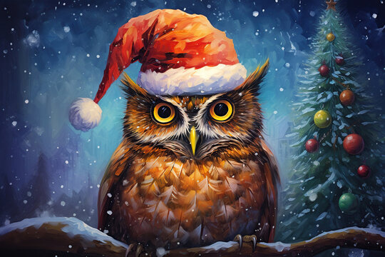 funny cute owl with santa hat in winter with snowflakes and a christmas tree, beautiful art