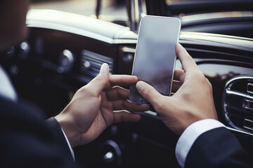 A successful businessman in a luxurious suit in his car using his smartphone