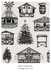 Christmas market frame design. Traditional European Christmas market with souvenir stalls, Christmas tree, candy shops sketches. Winter holidays invitation or greeting card template.