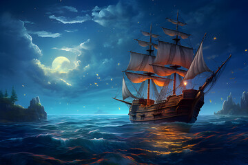 Pirate ship on the ocean at full moon background,Old Sailing ship in the sea,Expedition ship,Travelers,Sea horizon,Quiet water,Peace of mind at sea,Fantasy Night Seascape,Digital Painting.