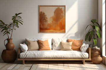 Interior design modern bright room with brown sofa 3d Illustration
