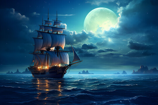 Pirate ship on the ocean at full moon background,Old Sailing ship in the sea,Expedition ship,Travelers,Sea horizon,Quiet water,Peace of mind at sea,Fantasy Night Seascape,Digital Painting.