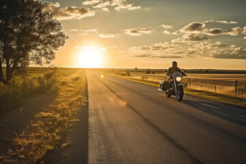 motorbike running on asphalt road in countryside at sunset