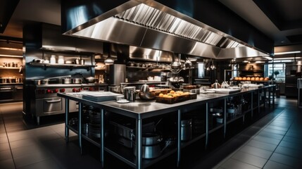 Professional steel restaurant kitchen. - obrazy, fototapety, plakaty