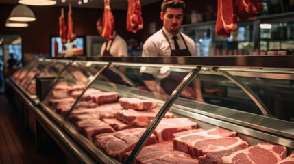 Butcher shop, Showcasing a perfectly cut the steak in half within a vibrant butcher shop. - obrazy, fototapety, plakaty