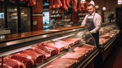 Fotobehang Butcher shop, Showcasing a perfectly cut the steak in half within a vibrant butcher shop. © visoot