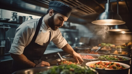 Chef preparing a gourmet dish in a restaurant kitchen.