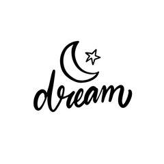 Dream sign text and moon with star icons. Black color lettering word.