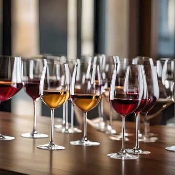 A row of wine glasses filled with different shades of red and white wines, lined up on a wooden bar counter4
