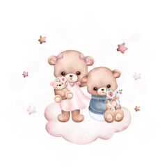 Watercolor Illustration cute couple teddy bears on the cloud23