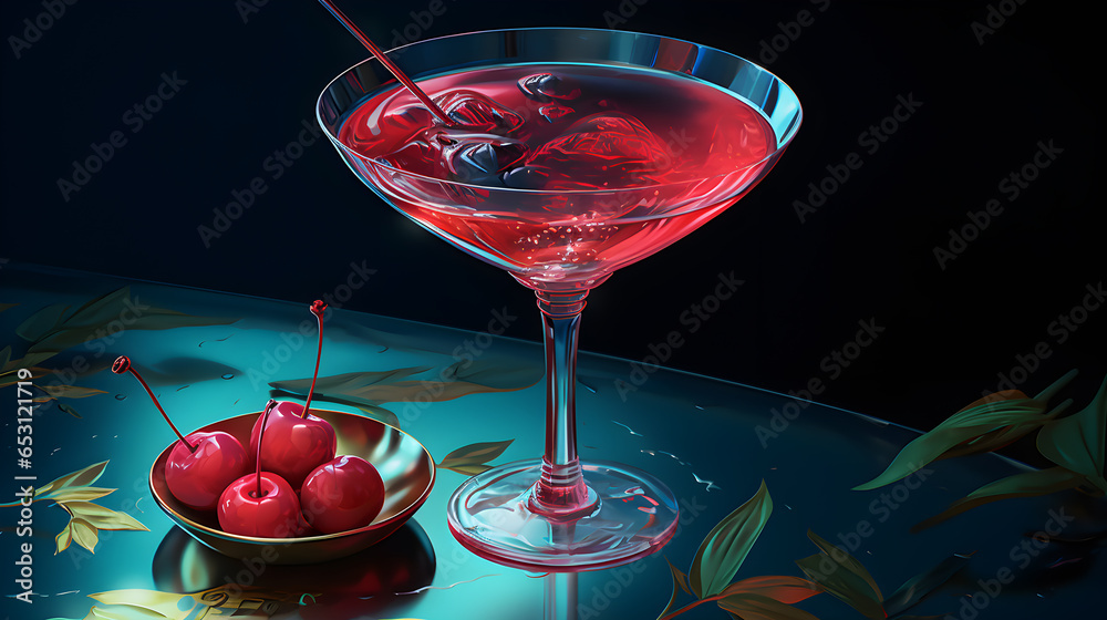 Wall mural Fresh cherry cocktail. Fresh summer cocktail with cherry and ice cubes. Glass of cherry soda drink on dark background.