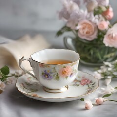 Fototapeta premium A teacup with a delicate floral pattern, steeping fragrant herbal tea2