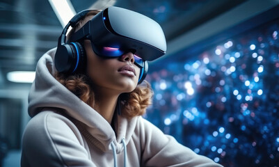 Young woman wearing 3D headset, Watching metaverse, virtual reality and cyber world on VR goggles.