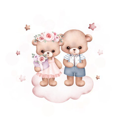 Obraz na płótnie Canvas Watercolor Illustration cute couple teddy bears on the cloud23