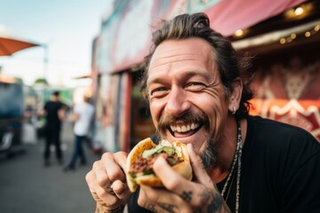 Cheerful man eating a hamburger in a street food market