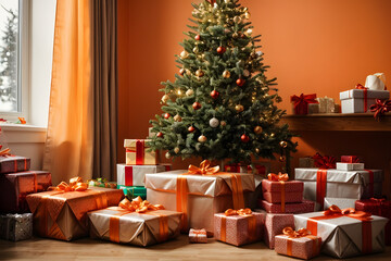 Simple Christmas tree and presents on light orange solid background. Generative ai.