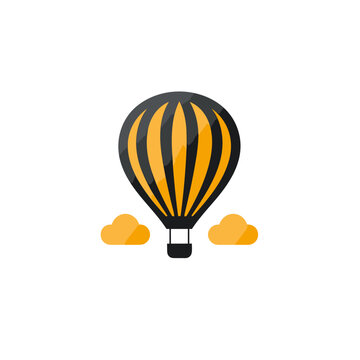 Party supplies filled colorful logo. Baby essentials. Air balloon and clouds. Design element. Created with artificial intelligence. Ai art for corporate branding, toy store, playground