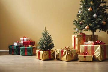 Simple Christmas tree and presents on light yellow solid background. Generative ai.