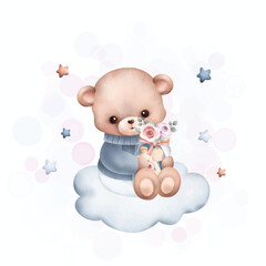 Watercolor Illustration cute teddy bear on the cloud