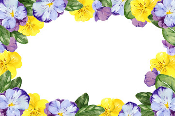 watercolor horizontal frame with hand drawn pansy flowers and leaves, violet and yellow spring flowers, summer illustration, isolated on white background