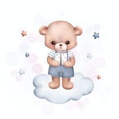 Watercolor Illustration cute teddy bear on the cloud