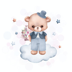 Watercolor Illustration cute teddy bear on the cloud