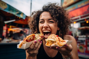 Portrait of a beautiful young woman with curly hair eating fast food outdoors. - obrazy, fototapety, plakaty