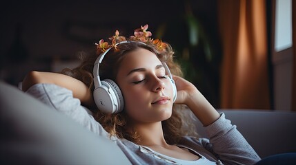 Young woman wearing headphones relaxing on the sofa at home