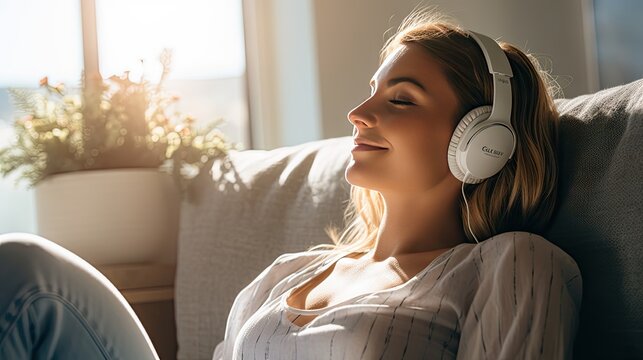 Young woman wearing headphones relaxing on the sofa at home