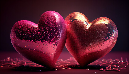 Obraz premium Two pink hearts with nice glittery with Valentine’s day background, Ai generated image