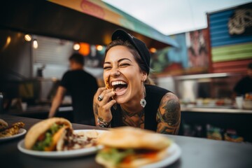 Beautiful young woman eating a hamburger in a fast food restaurant.