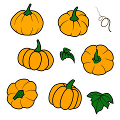 Set of colorful pumpkins, doodles, simple design, Halloween.