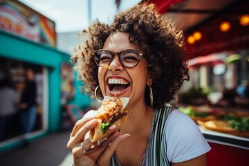 Young woman with afro curly hair eating fast food on the street.