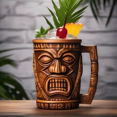 A tropical tiki cocktail served in a carved wooden mug with a flaming garnish2
