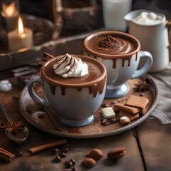 A hot chocolate topped with whipped cream and cocoa powder in a cozy cafe setting2