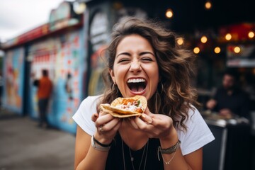 Cheerful young woman eating pizza in a fast food restaurant.