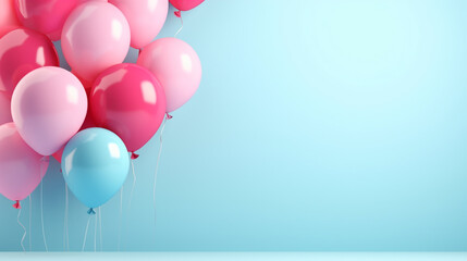 Festive background with balloons on blue blank background, party decoration with copy space area, holiday background