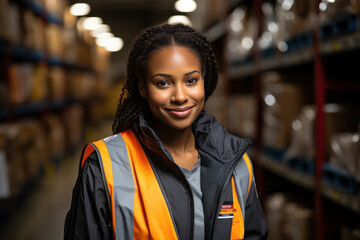 Woman posing in modern distribution center. worker in warehouse against the background of shelving.