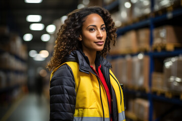 Fototapeta premium Woman posing in modern distribution center. worker in warehouse against the background of shelving.