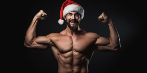 Obraz premium Young Muscular Santa Claus. Sexy Happy Muscular man in Red Santa Hat on a black background. Merry Christmas and Happy New Year. XMas holiday background for banner, wallpaper, greeting card